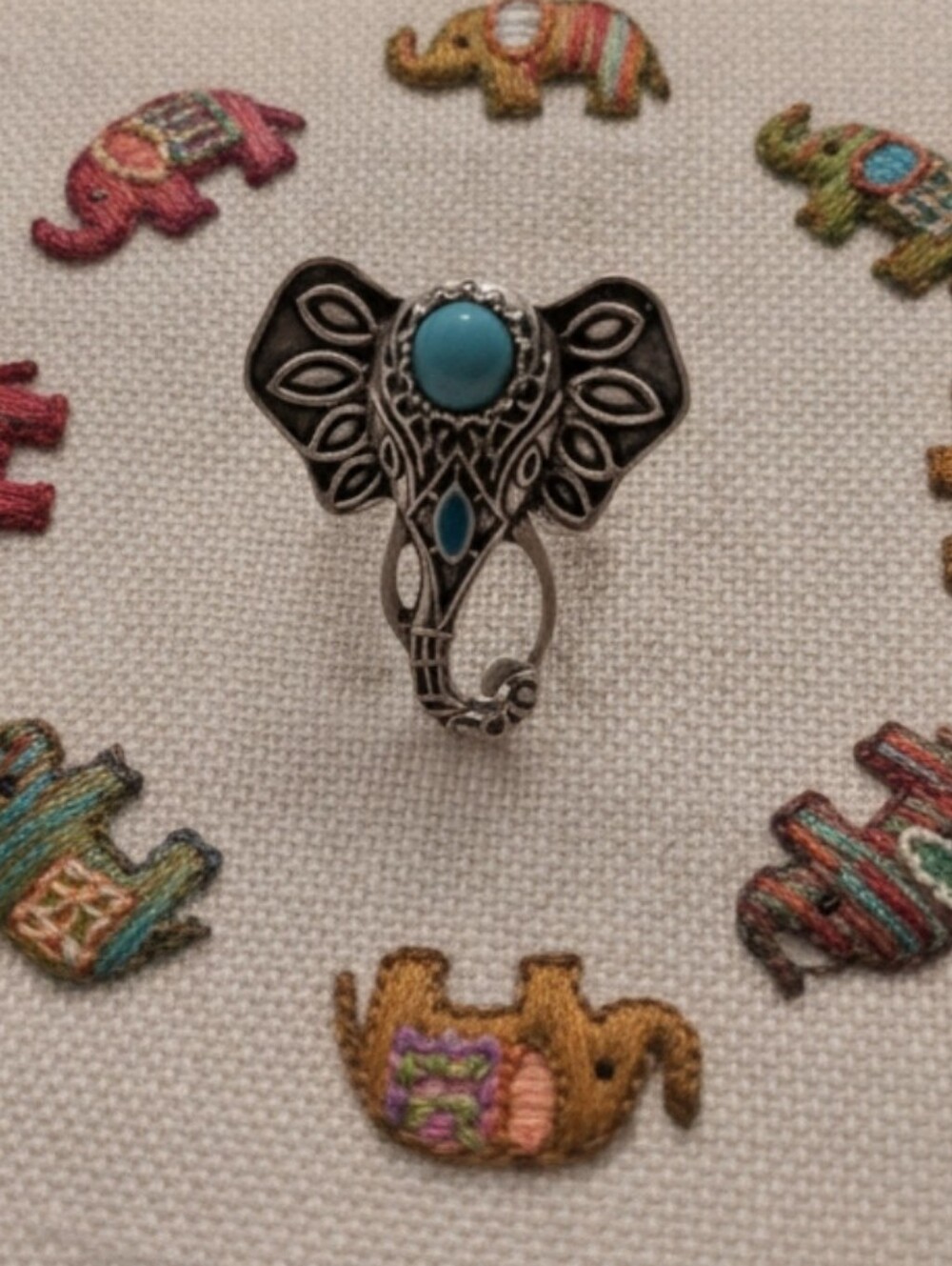 Bohemian Style Turquoise-Silver Plated Accent Elephant Statement Ring-unisex